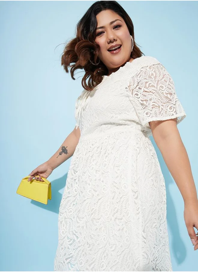 Athena Plus Size Tie-Up Neck Lace Insert Midi Dress by Styli