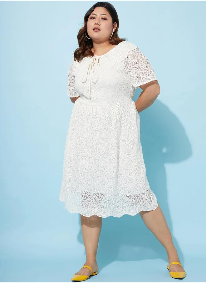 Athena Plus Size Tie-Up Neck Lace Insert Midi Dress by Styli