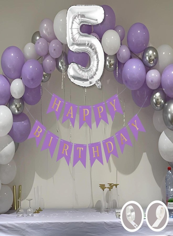 Flyloons 5th Birthday Decoration Items Purple and White Theme Combination for Boys Girls Kids | 30 Pcs Purple White Silver Color Balloons | Purple Happy Birthday Banner | Arch Tape | Glue Dots - Image 1