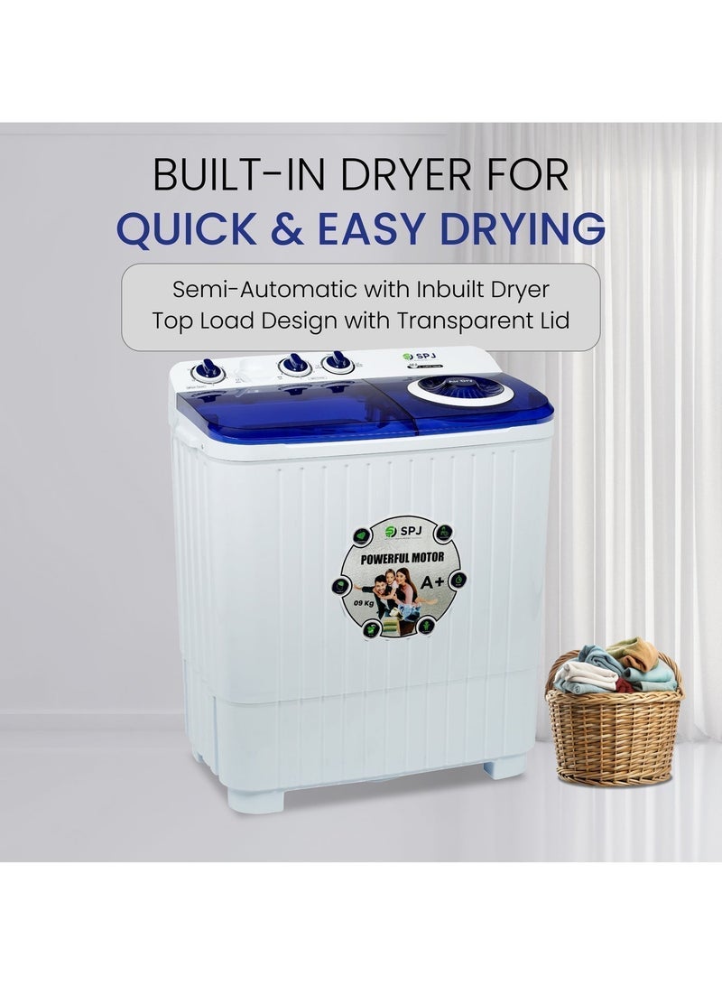SPJ High Performance 9KG Semi Automatic Top Load Washing Machine with Washer & Dryer Function, Premium Quality, Energy Saving, Transparent Lid, Durable Design, Low Noise, Powerful Motor, Easy to Use for Home, White - Image 4