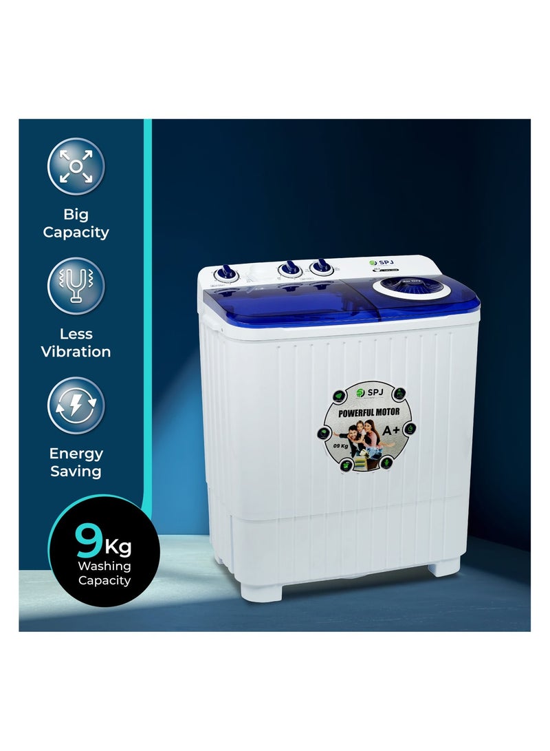 SPJ High Performance 9KG Semi Automatic Top Load Washing Machine with Washer & Dryer Function, Premium Quality, Energy Saving, Transparent Lid, Durable Design, Low Noise, Powerful Motor, Easy to Use for Home, White - Image 3
