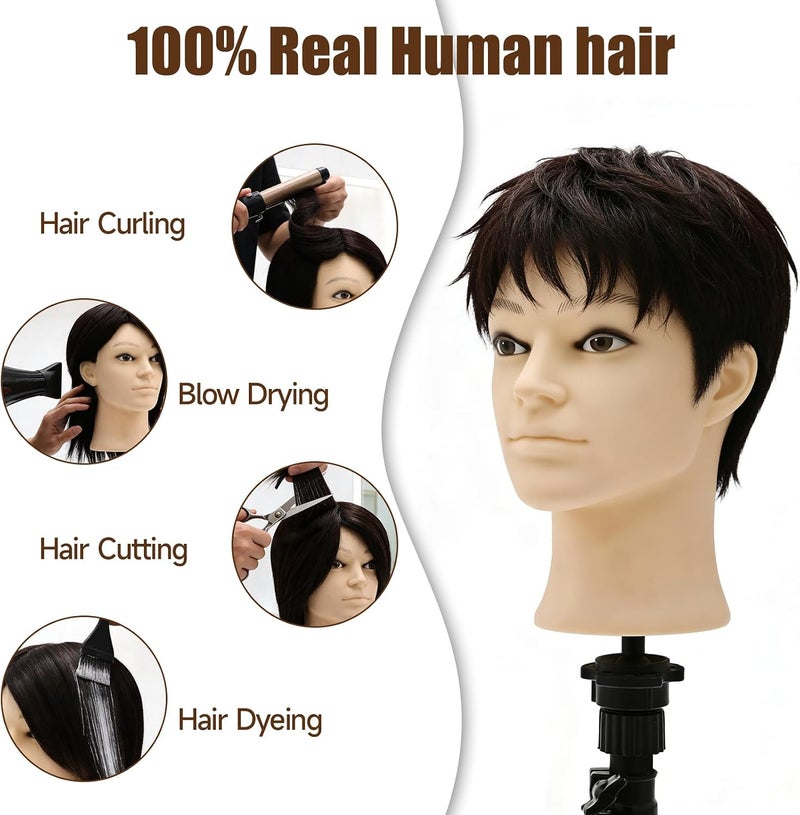 TwoWin 13 Inch (33 cm) Hairdressing Head Real Hair, Man Hairdressing Head Practice Head 100% Real Hair, Training Head for Hairdressers, Hairstyle Head Male Haircut, Practice Head Hairdresser with - Image 4