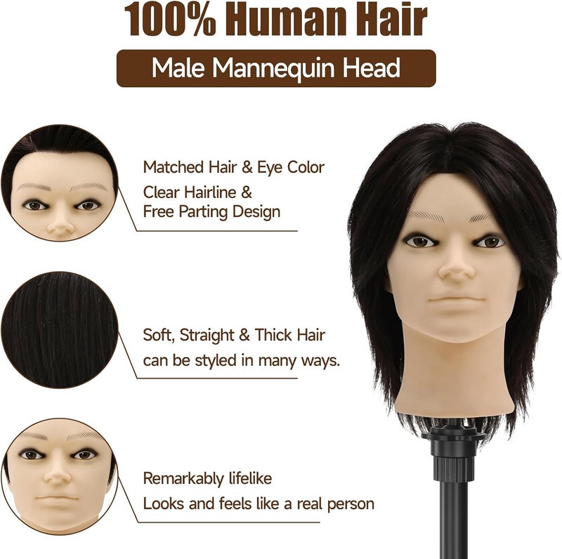 TwoWin 13 Inch (33 cm) Hairdressing Head Real Hair, Man Hairdressing Head Practice Head 100% Real Hair, Training Head for Hairdressers, Hairstyle Head Male Haircut, Practice Head Hairdresser with - Image 3