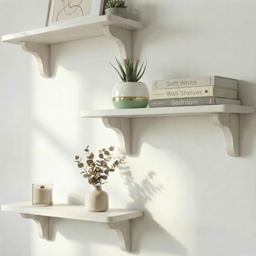 Willowy Real Wood White Shelves for Wall 17 inch 3 Pack Easy to Install Template and Video Included White Wall Shelves Shelves for Room Decorative Wall Shelf - Image 1