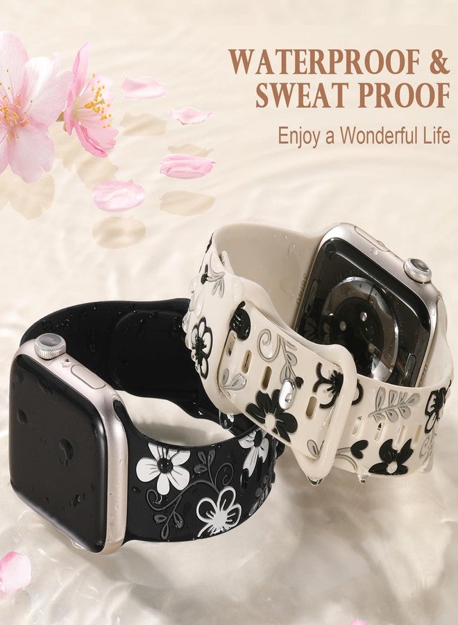 Witzon Cute Floral Band Compatible with Apple Watch Bands For Women 42mm 41mm 40mm 38mm 44mm 45mm 46mm 49mm, Engraved Flower Soft Silicone Inlay Strap for iWatch Series 10 9 8 7 6 5 4 3 2 SE Ultra, - Image 4