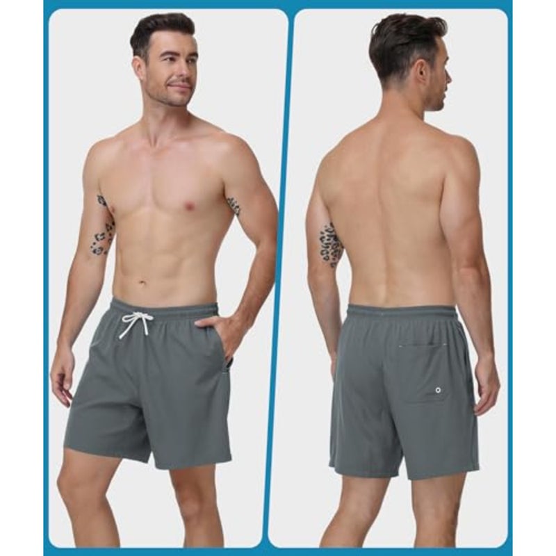 Men's swim trunks for beach and pool use, polyester-spandex blend, navy blue, quick-dry with zipper pockets and compression liner - Image 2