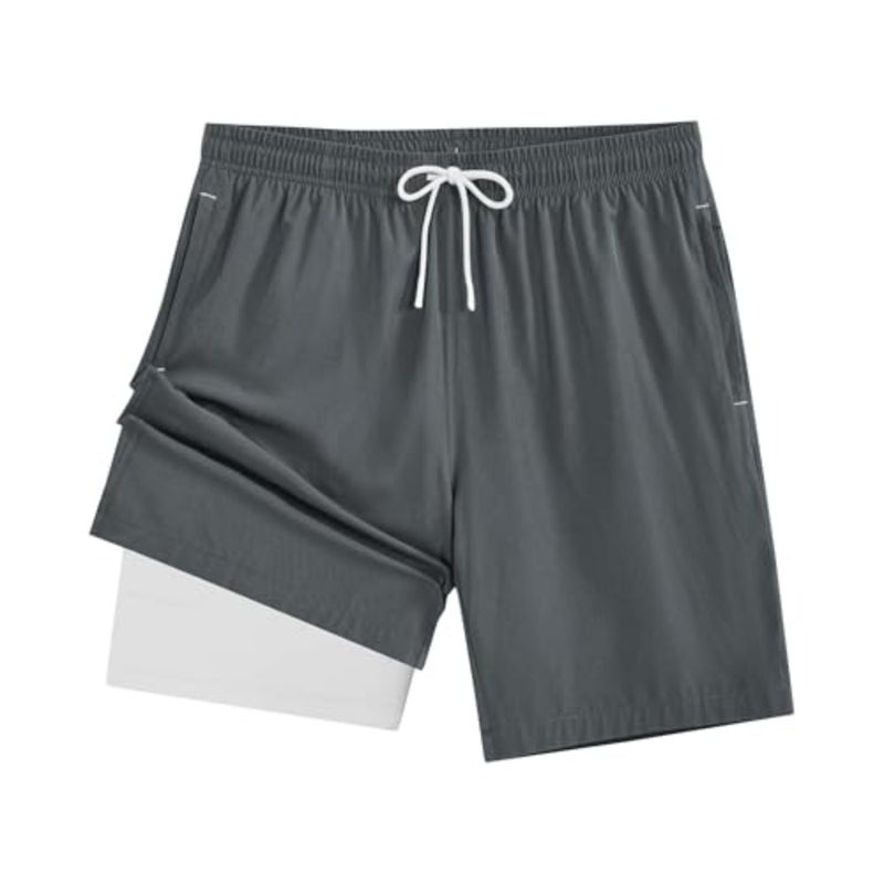 Men's swim trunks for beach and pool use, polyester-spandex blend, navy blue, quick-dry with zipper pockets and compression liner - Image 1