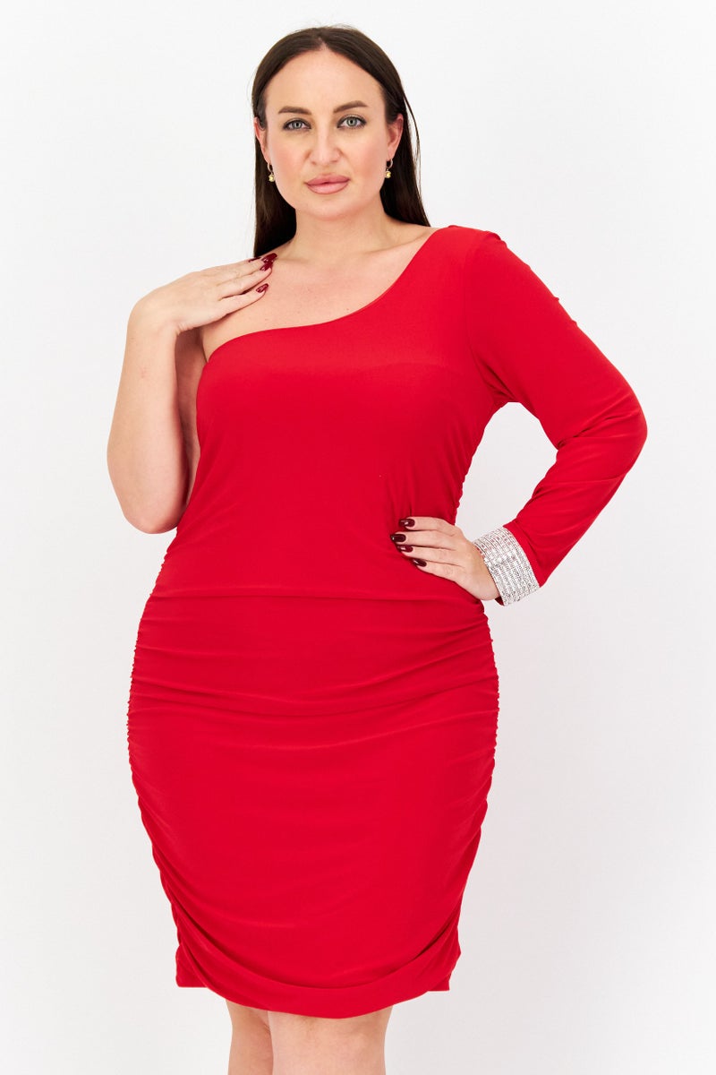 City Studio Women Plus Size Plain Ruched Bodycon Dress, Red - Image 1