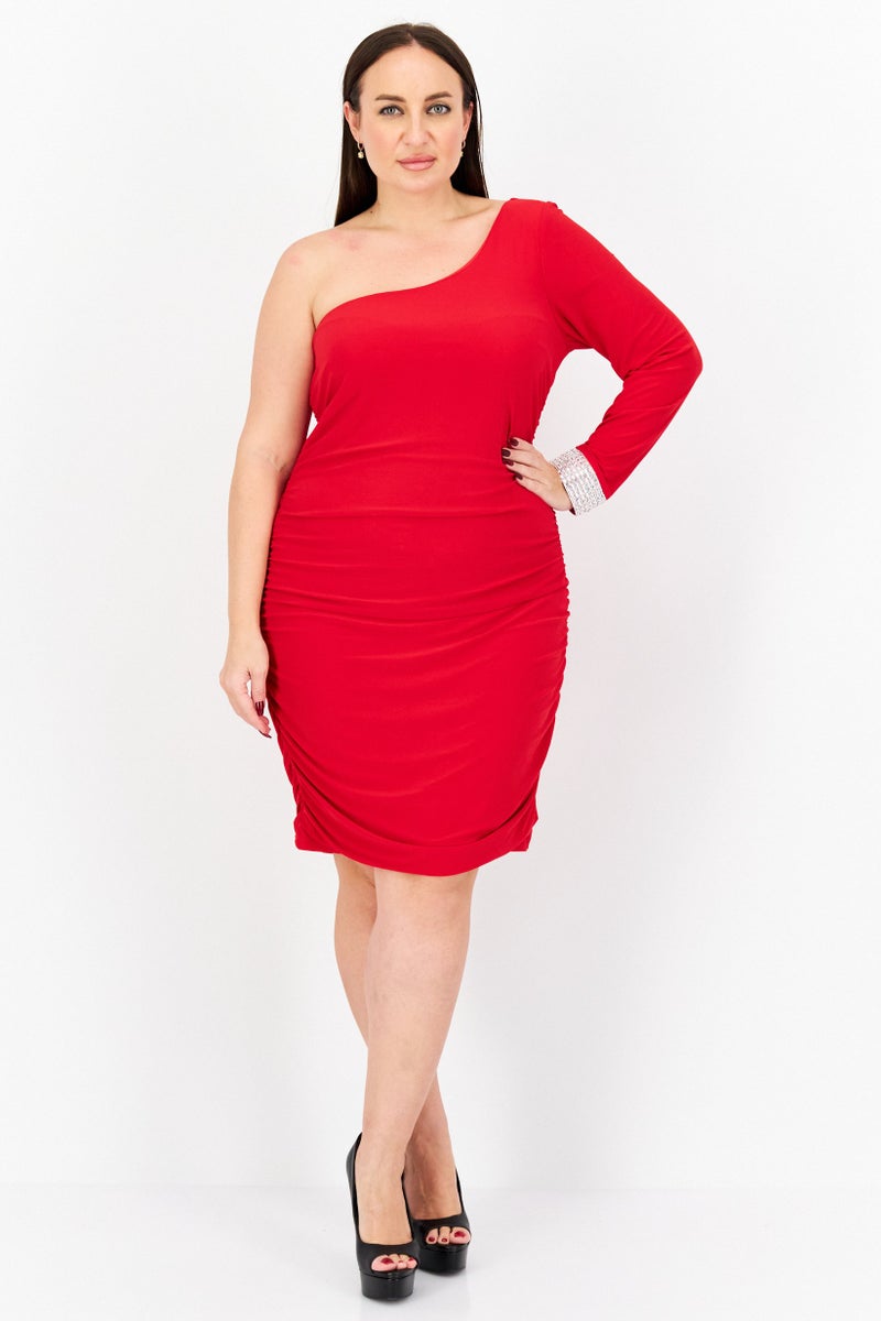 City Studio Women Plus Size Plain Ruched Bodycon Dress, Red - Image 3