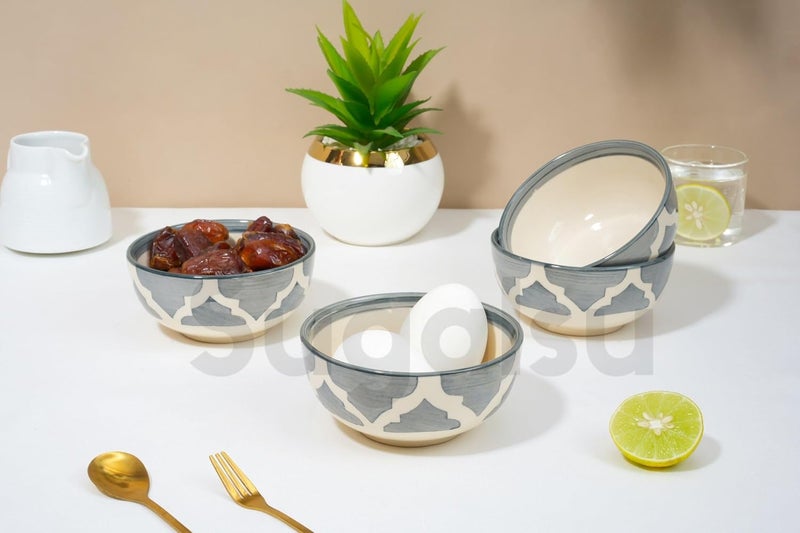 Sugalsu Soup Bowls Set of 4 4 Inch Cereal Bowls for Kitchen Ceramic Bowl Colorful Patterned Porcelain Bowls for Kitchen Decor and Housewarming Gift Dishwasher and Microwave SafeGrey - Image 3