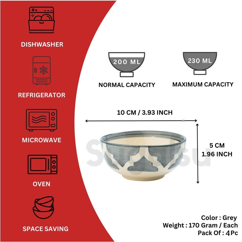 Sugalsu Soup Bowls Set of 4 4 Inch Cereal Bowls for Kitchen Ceramic Bowl Colorful Patterned Porcelain Bowls for Kitchen Decor and Housewarming Gift Dishwasher and Microwave SafeGrey - Image 2