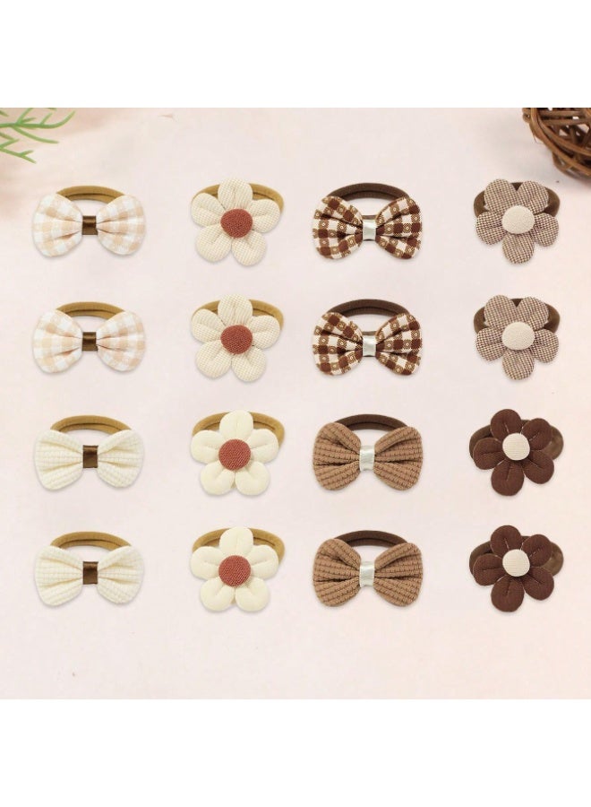 16 Pcs Pet Hair Bows Elastic Bands Set, Cute Coffee Color Floral & Bowknot Grooming Accessories for Cats and Dogs, Soft High Stretch No-Pull Hair Ties - Image 4