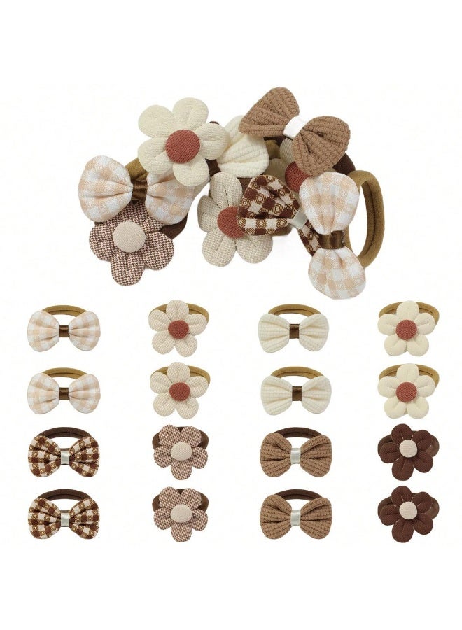 16 Pcs Pet Hair Bows Elastic Bands Set, Cute Coffee Color Floral & Bowknot Grooming Accessories for Cats and Dogs, Soft High Stretch No-Pull Hair Ties - Image 2