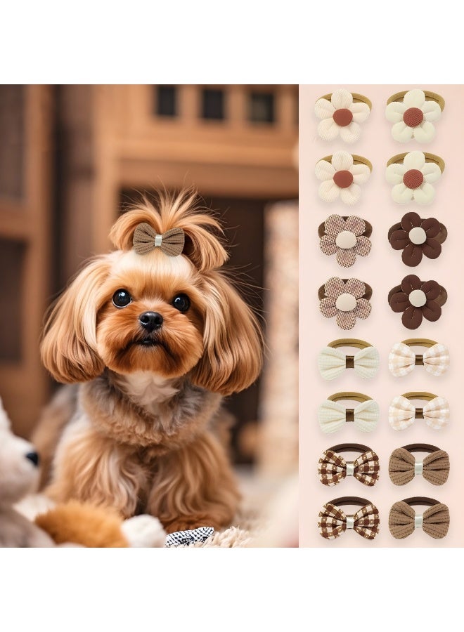 16 Pcs Pet Hair Bows Elastic Bands Set, Cute Coffee Color Floral & Bowknot Grooming Accessories for Cats and Dogs, Soft High Stretch No-Pull Hair Ties - Image 1