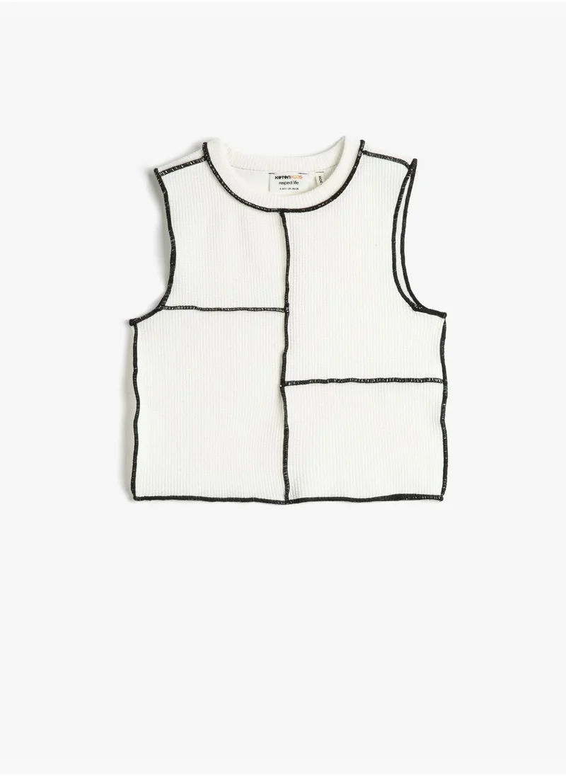 كوتون Crop Tank Top Sleeveless Ribbed Crew Neck Stitch Detail