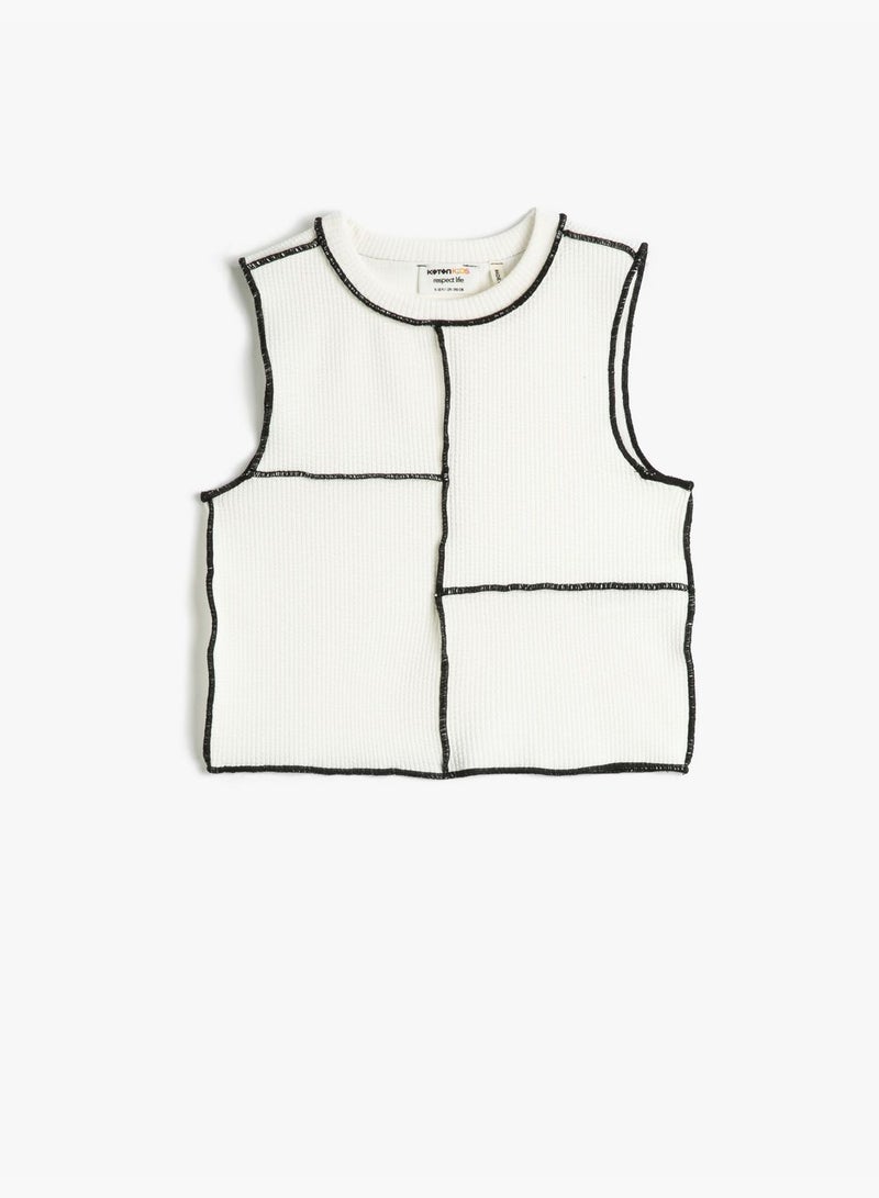 KOTON Crop Tank Top Sleeveless Ribbed Crew Neck Stitch Detail - Image 1
