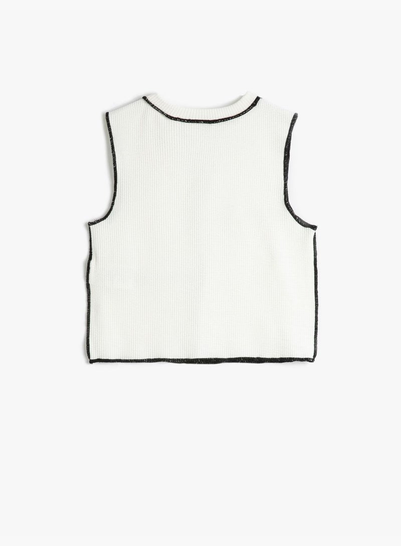 KOTON Crop Tank Top Sleeveless Ribbed Crew Neck Stitch Detail - Image 2
