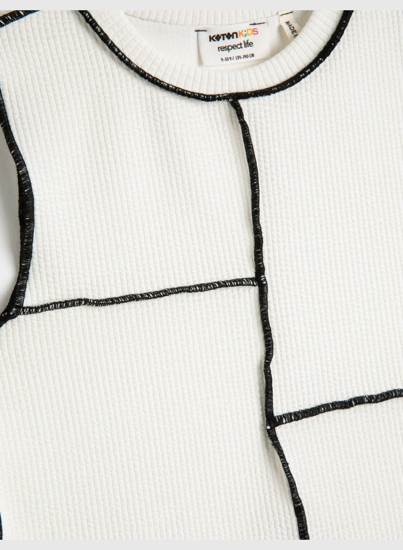 KOTON Crop Tank Top Sleeveless Ribbed Crew Neck Stitch Detail - Image 3