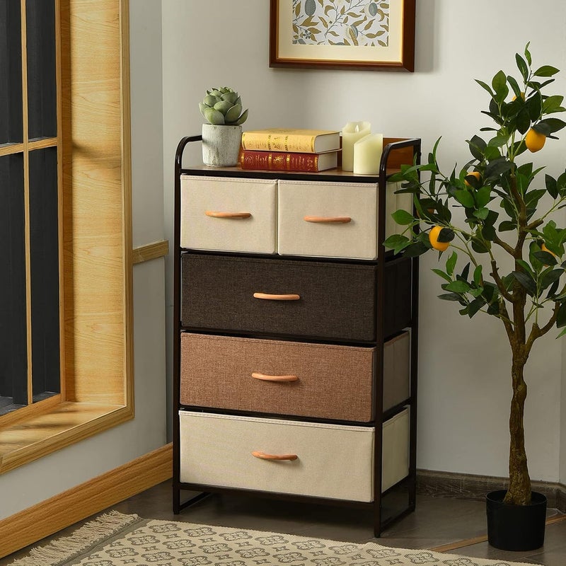 Sharpdo Dresser With 5 Drawers, Storage Tower, Iron Frame Fabric Multi-Layer Storage Cabinet, Dresser for Bedroom, Hallway, Nesting Tables, Entryway, Closets, Sturdy Steel Frame, Wood Top - Image 4