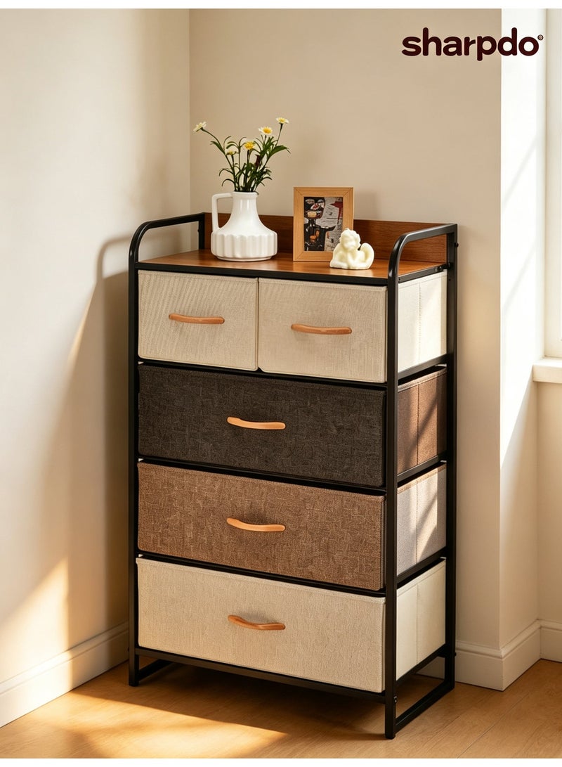 Sharpdo Dresser With 5 Drawers, Storage Tower, Iron Frame Fabric Multi-Layer Storage Cabinet, Dresser for Bedroom, Hallway, Nesting Tables, Entryway, Closets, Sturdy Steel Frame, Wood Top - Image 1
