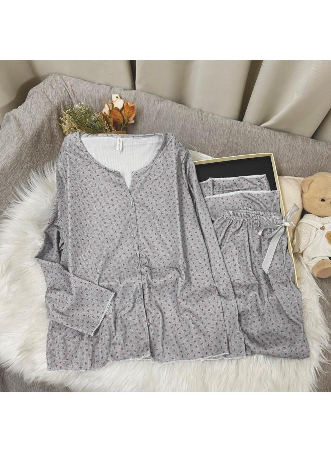 New Cartoon-style Popular Spring And Autumn Thin V-neck Ribbed Pajamas Women's Long-sleeve Cardigan Loungewear Set