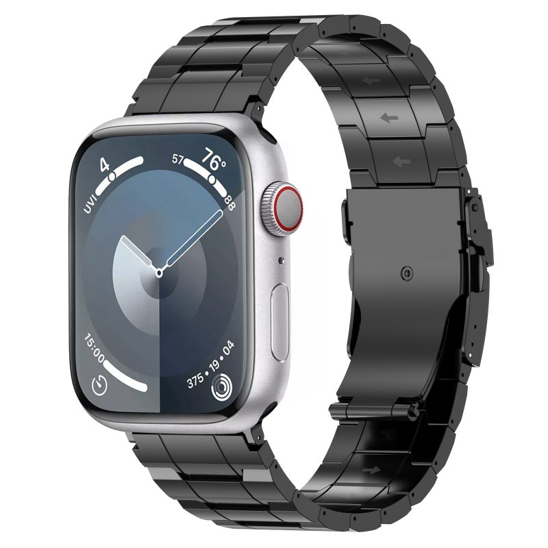 For Apple Watch SE 2023 44mm Safety Buckle Trapezoid Titanium Steel Watch Band(Black)