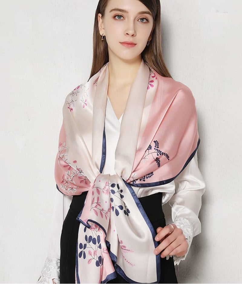 MEISEE 100% Mulberry Silk Long Scarf for Women Large Oblong Sunscreen Shawls Wraps Neck Headscarf Hair Wraps with Gift Packed (Pink Flower-2) - Image 2