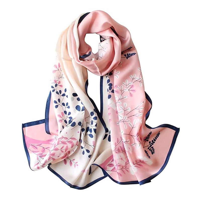 MEISEE 100% Mulberry Silk Long Scarf for Women Large Oblong Sunscreen Shawls Wraps Neck Headscarf Hair Wraps with Gift Packed (Pink Flower-2) - Image 1