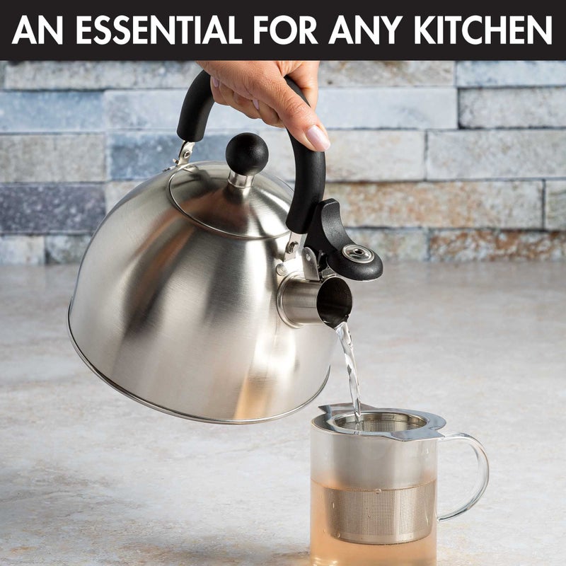 Primula Stewart Whistling Stovetop Tea Kettle Food Grade Stainless Steel, Hot Water Fast to Boil, Cool Touch Folding, 1.5-Quart, Brushed with Black Handle - Image 2