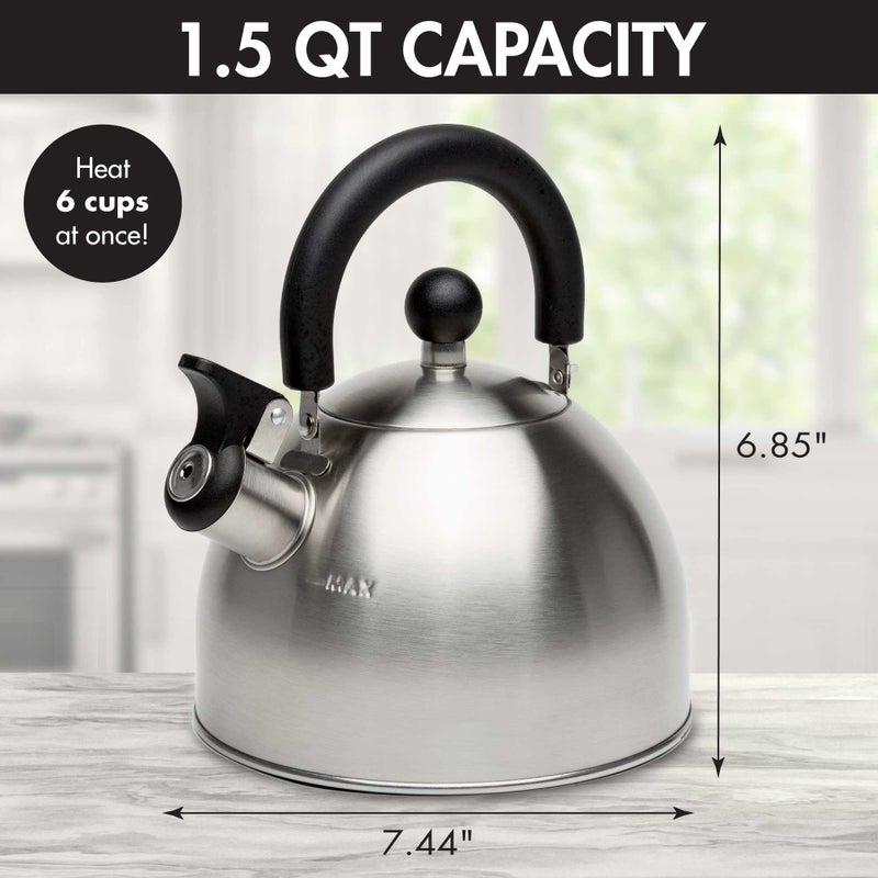 Primula Stewart Whistling Stovetop Tea Kettle Food Grade Stainless Steel, Hot Water Fast to Boil, Cool Touch Folding, 1.5-Quart, Brushed with Black Handle - Image 3