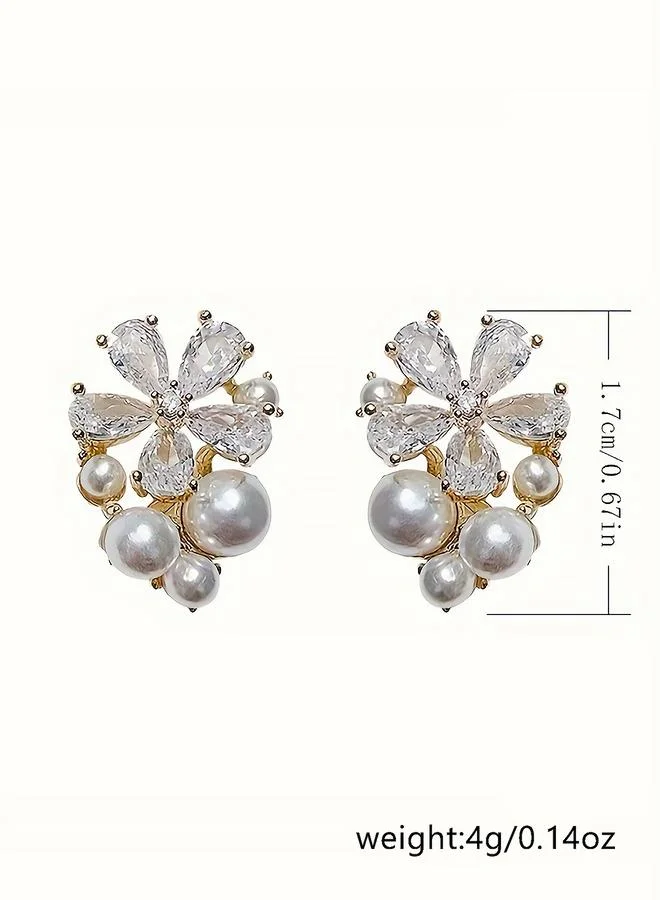 تايك تو Take Two Rhinestone Flower Faux Pearl Decor Stud Earrings