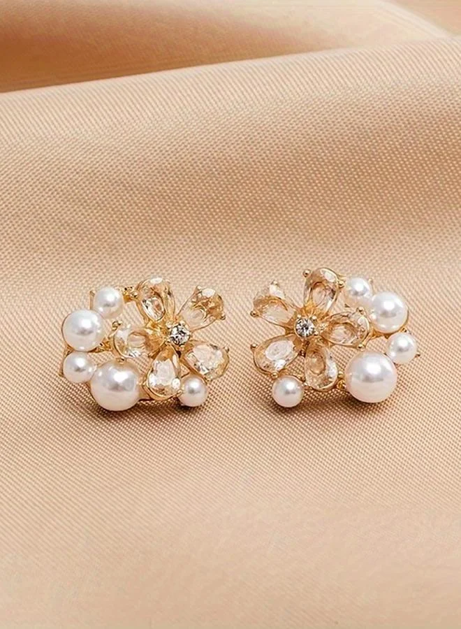 تايك تو Take Two Rhinestone Flower Faux Pearl Decor Stud Earrings