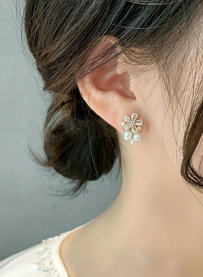 تايك تو Take Two Rhinestone Flower Faux Pearl Decor Stud Earrings