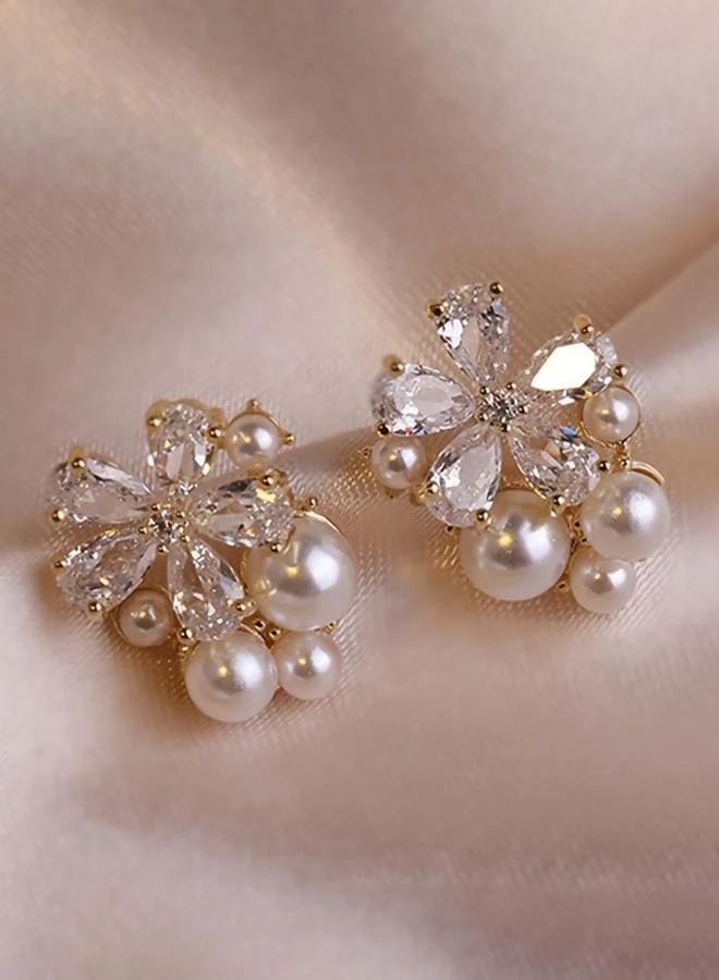 تايك تو Take Two Rhinestone Flower Faux Pearl Decor Stud Earrings