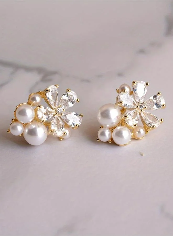 تايك تو Take Two Rhinestone Flower Faux Pearl Decor Stud Earrings