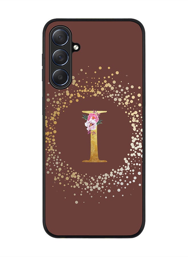 Rugged Black edge case for Samsung Galaxy M54 5G, Slim fit Soft Case Flexible Rubber Edges Anti Drop TPU Gel Thin Cover -  Custom Monogram Initial Letter Floral Pattern Alphabet - I  (Brown )