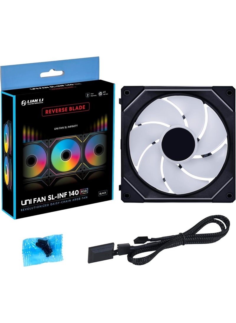 LIAN LI UNI FAN SL-Infinity Reverse 140mm ARGB PWM Case Fan, 1600RPM, 71.6CFM Airflow, 2.95mmH₂O Static Pressure, Infinity Mirror RGB, Fluid Dynamic Bearing, Modular Daisy-Chain, L-Connect 3 Compatible, Black | 14RSLIN1B - Image 1