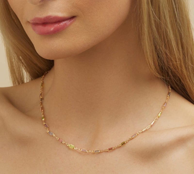 Barzel 18K Gold Plated Multi Stone Crystal Baguette Necklace for Women - Made In Brazil - Image 3
