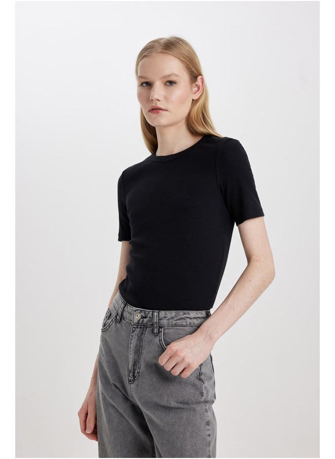 DeFacto - Woman Slim Fit Crew Neck Knitted Short Sleeve T-Shirt - Image 1