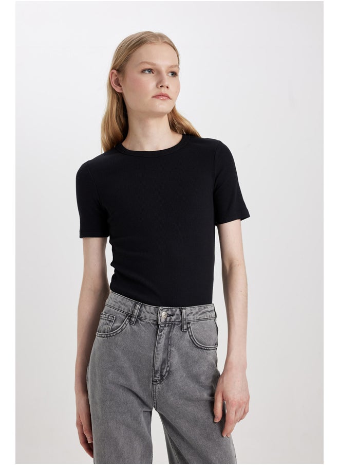 DeFacto - Woman Slim Fit Crew Neck Knitted Short Sleeve T-Shirt - Image 1