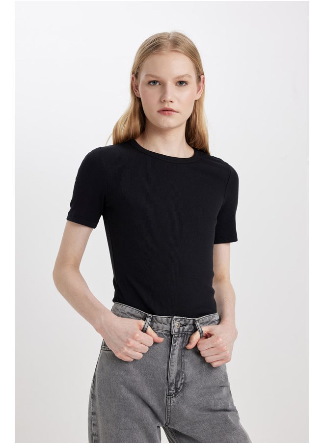 DeFacto - Woman Slim Fit Crew Neck Knitted Short Sleeve T-Shirt - Image 1