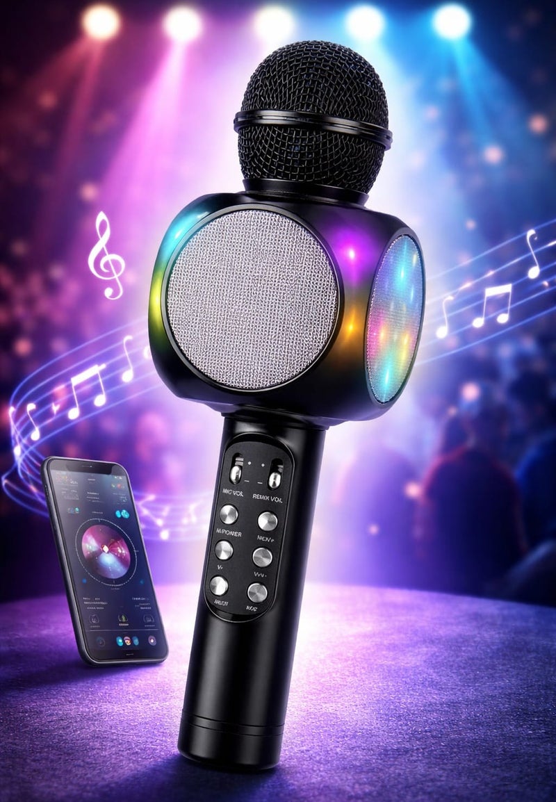 ميكروفون كاريوكي لاسلكي بلوتوث مع سماعة مدمجة وإضاءة LED – ميكروفون غناء – تسجيل صوتي – مايك حفلات – متوافق مع الجوال – موديل WS-1816 - Image 2