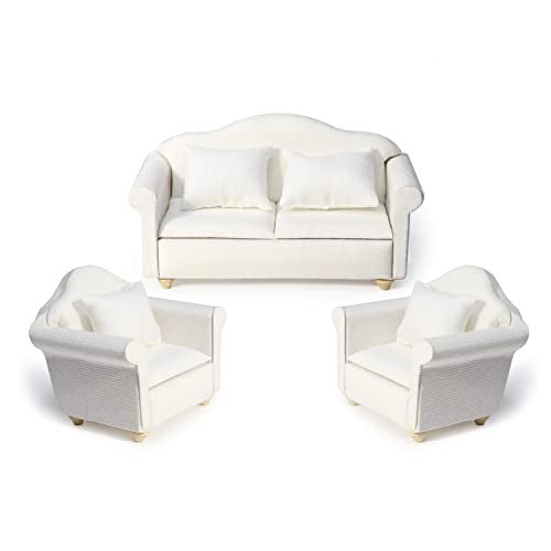Cutemini Dollhouse Couch Miniature Furniture Sofa with Pillows for Living Room Desktop Decoration Fabric Sofa Mini Home Scene Accessories Ornament Sofa Set White - Image 1