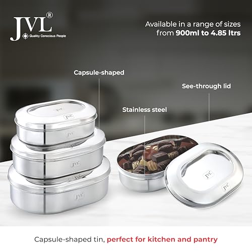 JVL Stainless Steel Kitchen's Storage Costa Capsule Shape Container Box with Steel Lid (3350 ml - Large) - Image 2
