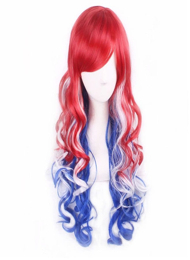 MAGQOO Blue Red White Wig for Women 4th of July Wigs Long Curly Red Blue White Wig with Bangs Colored Hair Wigs Fourth of July Party - Image 3