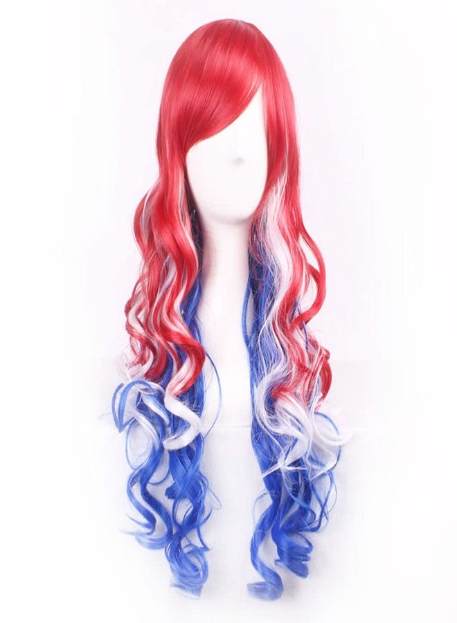 MAGQOO Blue Red White Wig for Women 4th of July Wigs Long Curly Red Blue White Wig with Bangs Colored Hair Wigs Fourth of July Party - Image 2