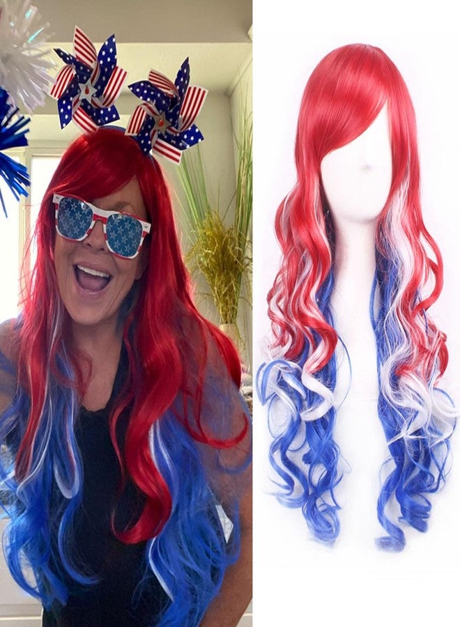 MAGQOO Blue Red White Wig for Women 4th of July Wigs Long Curly Red Blue White Wig with Bangs Colored Hair Wigs Fourth of July Party - Image 1