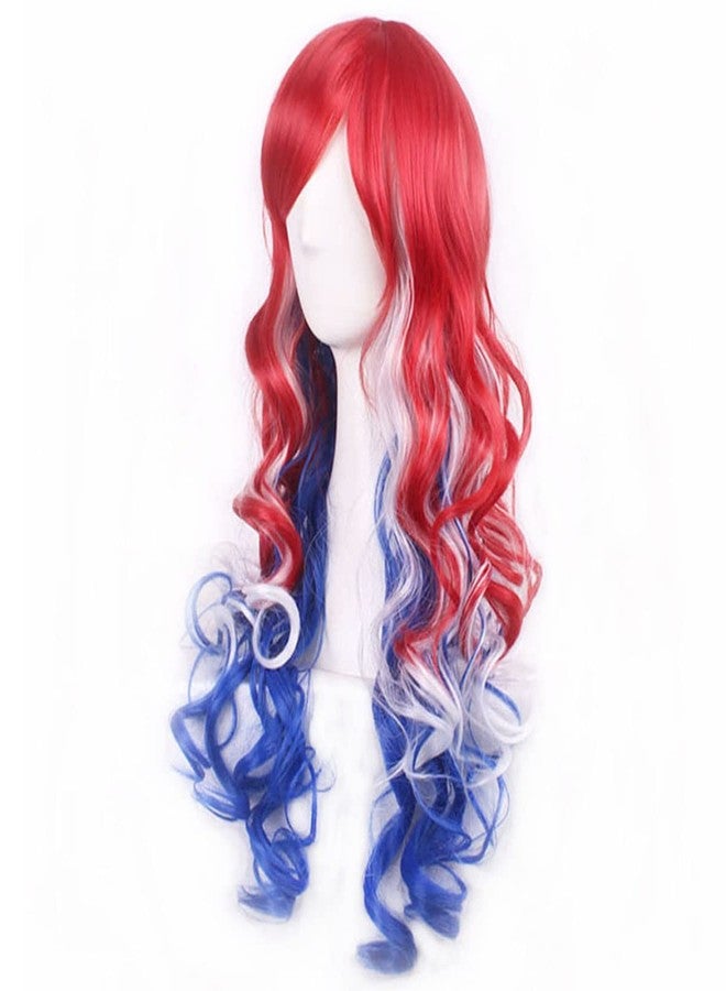 MAGQOO Blue Red White Wig for Women 4th of July Wigs Long Curly Red Blue White Wig with Bangs Colored Hair Wigs Fourth of July Party - Image 4