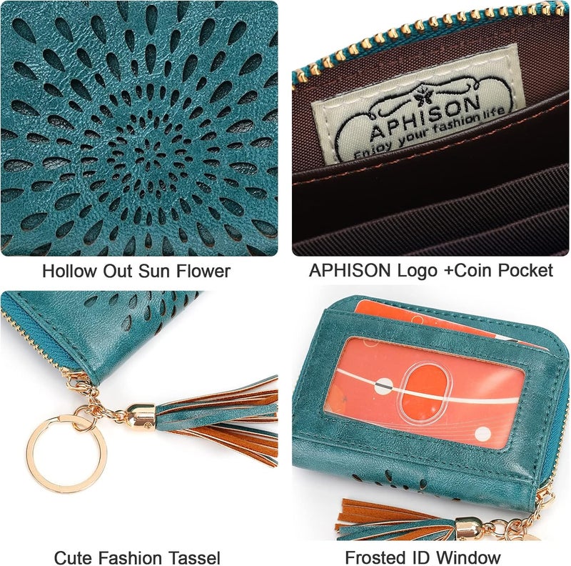 APHISON RFID Credit Card Holder Zipper Card Case Keychain Small Wallet for Women 1927 PEACOCK-BLUE - Image 4