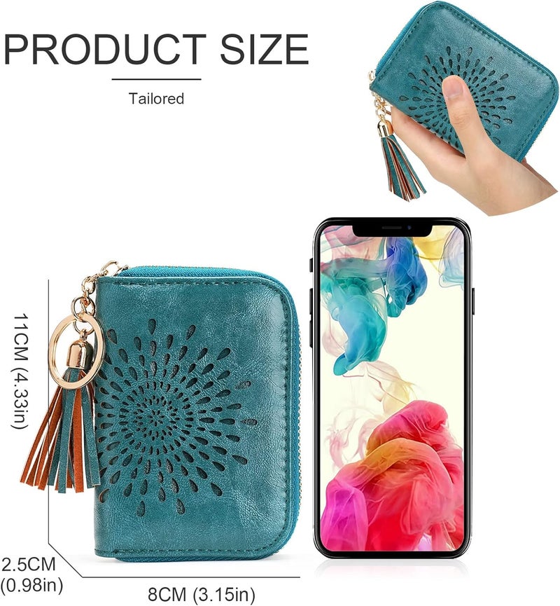 APHISON RFID Credit Card Holder Zipper Card Case Keychain Small Wallet for Women 1927 PEACOCK-BLUE - Image 5